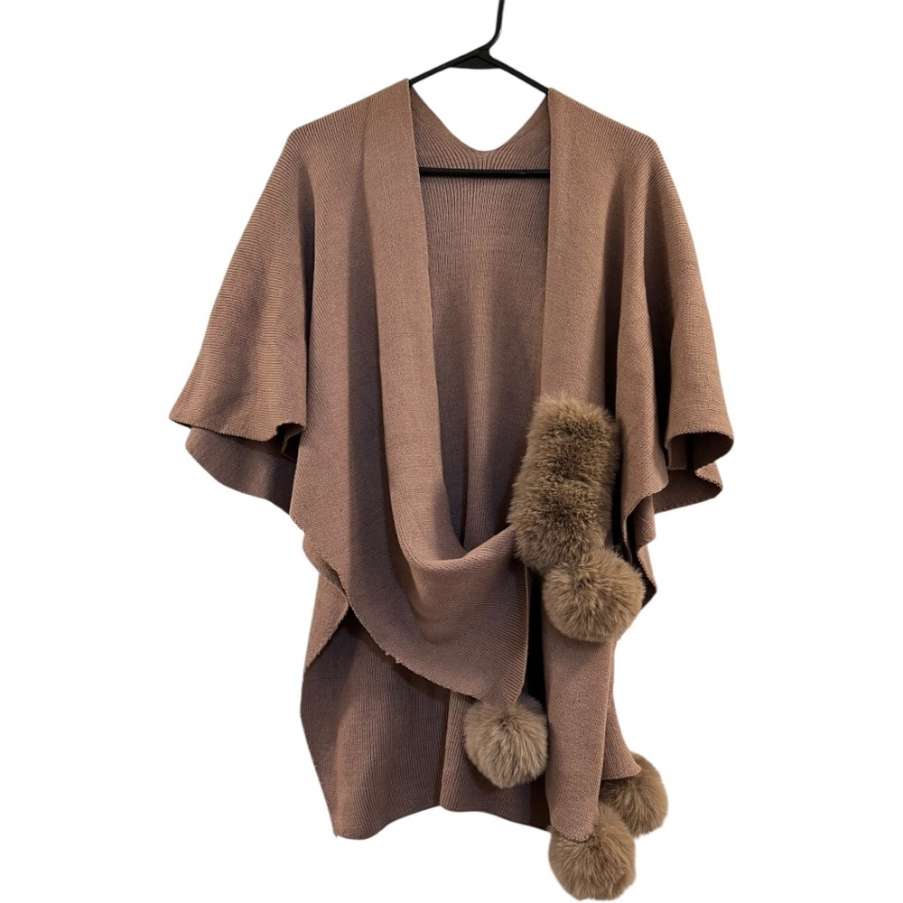 Knit Faux Fur Keyhole  Pom Pom Edge Scarf Wrap Shawl dh.